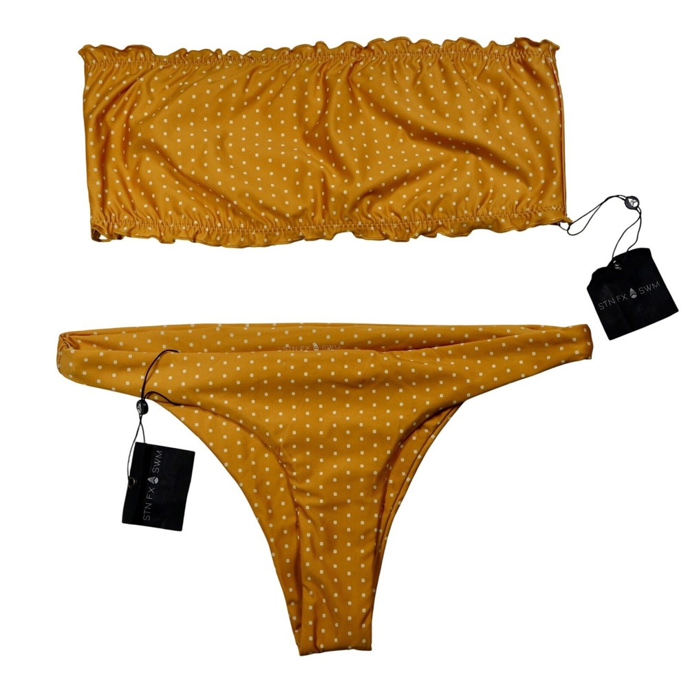 STN FX SWM Polka Dot‎ Bandeau Bikini Set Strapless Swimsuit Trendy L NWT Boho